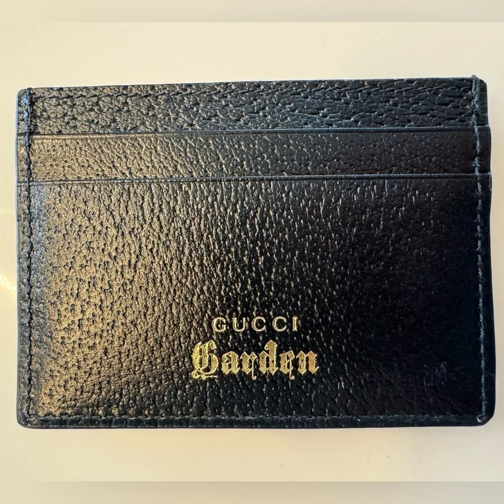 RARE Gucci Garden Black Pebbled Leather Rose Card Holder Wallet